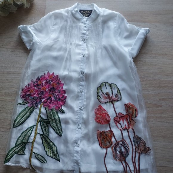 NWoT Lady Ribbon Embroidered Floral Layered Shirt Mini Dress Button White - Picture 3 of 13